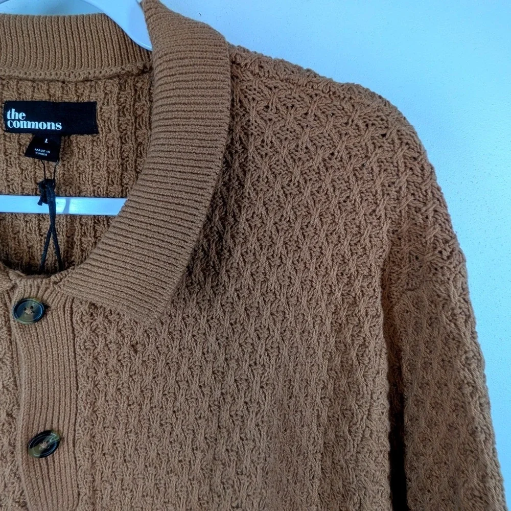 NWT The Commons Mens Textured Knit‎ Long Sleeve Polo Sweater Camel Brown Large